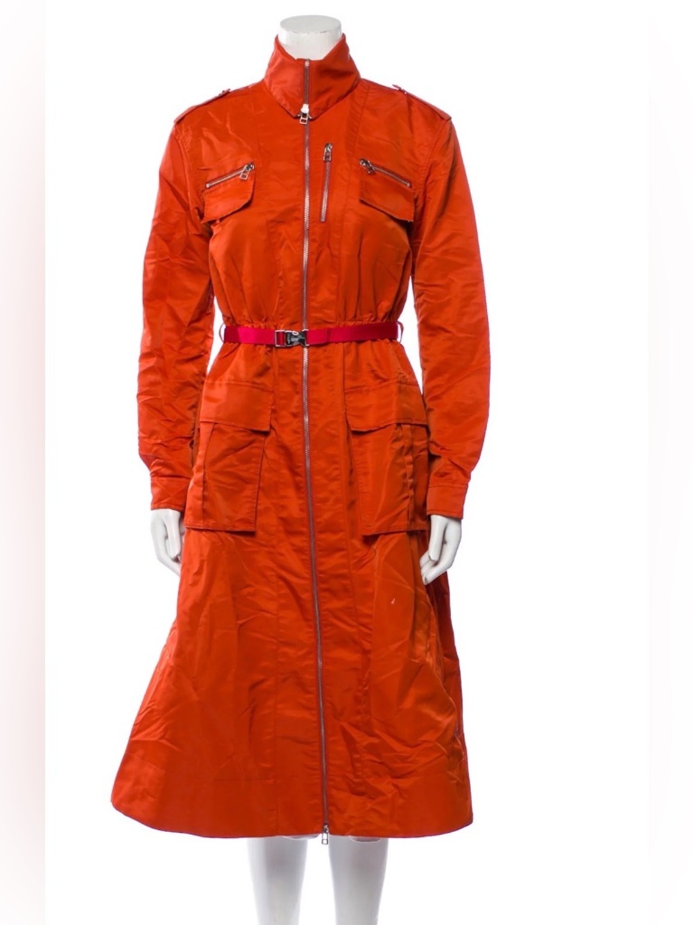 STAUD Orange Long Zip-Front Trench Coat with Pink Belt